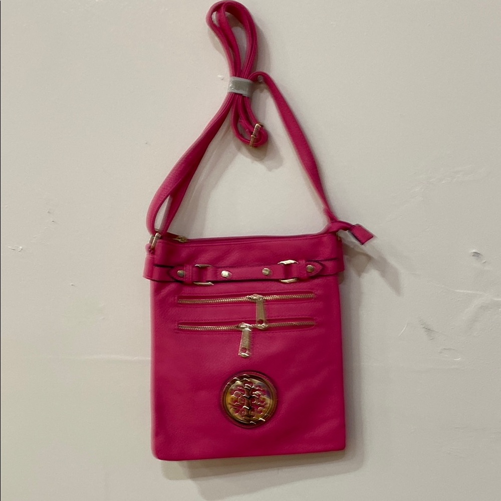 Bright Pink Crossbody Shoulder Bag with Gold Accent
